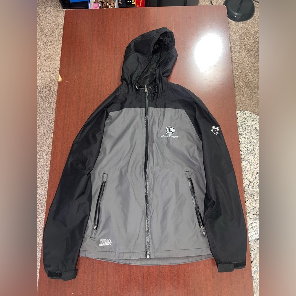 John Deere Men's Black and Gray Hooded Raincoat